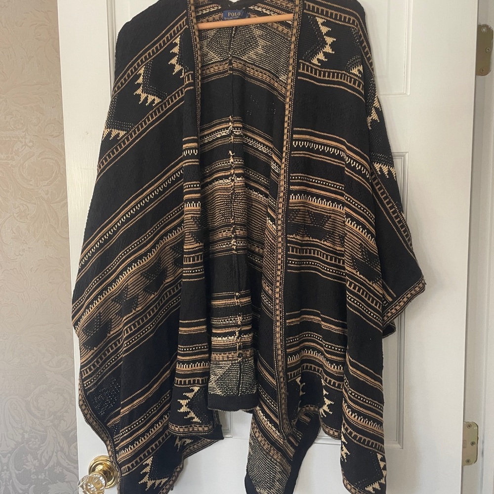 Polo by Ralph Lauren Black and Tan Knit Poncho Navajo Aztec L Sweater wrap shawl